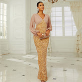 Elegant V-neck Long-sleeved Sequin Dress