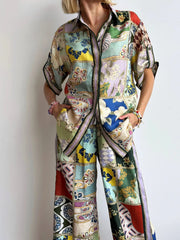 Printed Button Up Shirt and Pants Set