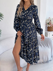 Floral Print Long Sleeve V-Neck Midi Dress