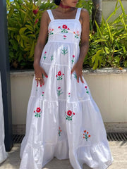 Embroidered Square Neck Tiered Maxi Cami Dress