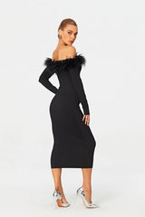 Chic Off-Shoulder Black Feather Midi Dress