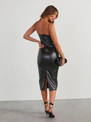 Chic Leather Slit Mid-length Dress With Waist