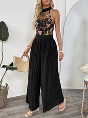 Floral Embroidered Halter Neck Pleated Jumpsuit