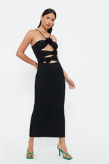 Hollow Slim -fitting Neck Mid -length Suspender Dress