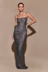ROSETE LUXE ELEGANT DIAMANTE MAXI DRESS-GRAY