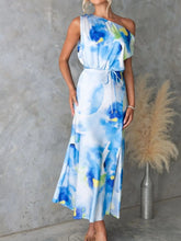 One Shoulder Printed Dress with Slit