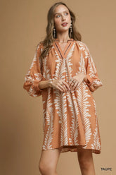 Umgee Leaf Print Notched Mini Babydoll Dress