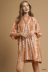 Umgee Leaf Print Notched Mini Babydoll Dress