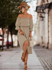 Off-Shoulder Flounce Sleeve Midi Dress