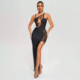 Elite Event Slit Long Mesh Dress-Black