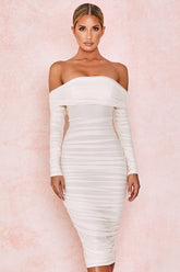 ALYIA IVORY TULLE OFF SHOULDER RUCHED DRESS