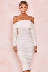 ALYIA IVORY TULLE OFF SHOULDER RUCHED DRESS