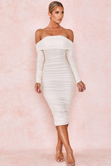 ALYIA IVORY TULLE OFF SHOULDER RUCHED DRESS