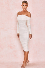 ALYIA IVORY TULLE OFF SHOULDER RUCHED DRESS