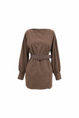 Chic Belted Long Sleeve Brown Bodycon Mini Dress