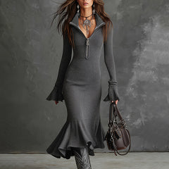 Aluna Half Zip Fishtail Hem Flared Sleeve Dress