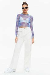 Round Neck Exposed Navel Long -sleeved Mesh Printed Tops