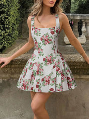 Pleated Floral Print Square Neck Mini Dress