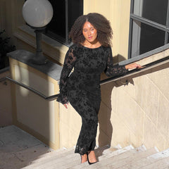 Deisy Slim Flocking Backless Black Maxi Dress