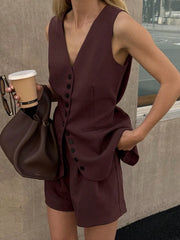 Button Front V-Neck Top and Shorts Set