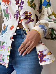 Printed Button Up Lantern Sleeve Shirt
