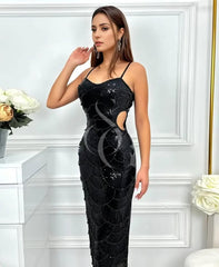 Hollow-out Camisole Beads Banquet Evening Dress-Black