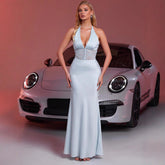 YELUS HALTER MESH BACKLESS MAXI DRESS