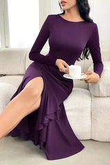 Long Sleeve Ruched Midi Dress with Asymmetrical Ruffle Hem