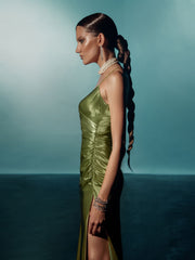Satin V-neck Side Gathered Dress-Green