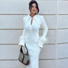 Chic Long Sleeves Collar Feather Cuff Bandage Dress