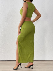 Perfee Texture Cropped Tank and Ruched Skirt Set