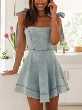 Bow-Shoulder Square Neck Denim Mini Dress