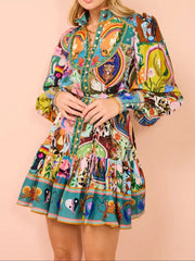 Printed Long Sleeve Mini Dress with Belt