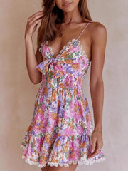 Floral Print Tie-Front Cami Dress with Lace Trim