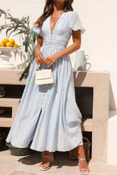 V-Neck Puff Short Sleeve Midi Dress