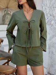 Devine Double Tied V-Neck Top and Shorts Set