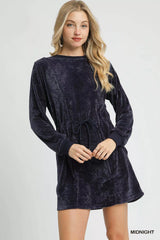Umgee Velour Drawstring Mini Dress with Long Sleeves