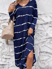 Striped V-Neck Long Sleeve Casual Maxi Dress