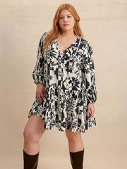 Plus Size Printed V-Neck Long Sleeve Mini Dress