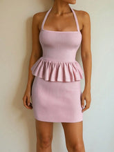 Ribbed Halter Neck Peplum Mini Dress