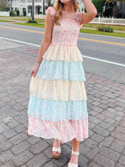 Smocked Ruffle Layered Floral Midi Dress