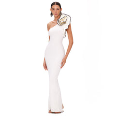 Retha One-shoulder White Flower Black Hook Dress