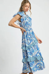 Umgee Paisley Print Ruffle Sleeve Midi Dress