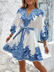 Printed V-Neck Balloon Sleeve Mini Dress