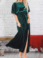 Slit Round Neck Flutter Sleeve Velvet Maxi Dress