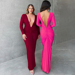 V-neck Slim Fit Pleated Long Sleeve Dress