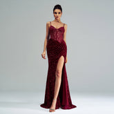 Spaghetti Straps Sequin Slit Maxi Dress