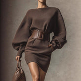 Chic Belted Long Sleeve Brown Bodycon Mini Dress