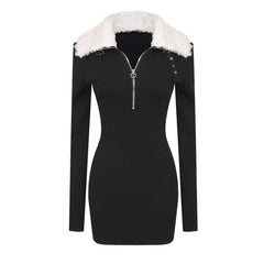 Slassa Fur Collar Zipper Black Dress