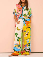 Printed Half Sleeve Shirt and Wide Leg Pants Set